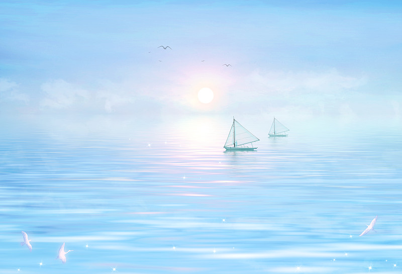 清晨太阳从海平面升起挂在天空，两位运动员在大海上进行帆船竞赛图片素材