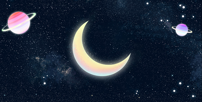 夜晚星空下，一轮月亮悬浮在神秘广阔的宇宙中发出光彩超现实插画下载