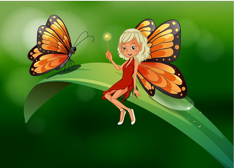 一个仙女和一只蝴蝶在一片长叶子的顶端图片素材