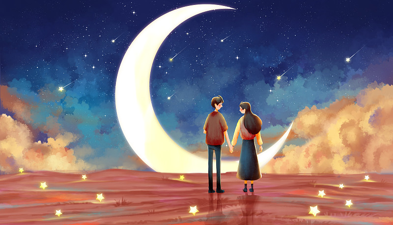 月亮星空下对望的青年情侣背影温馨手绘插画下载