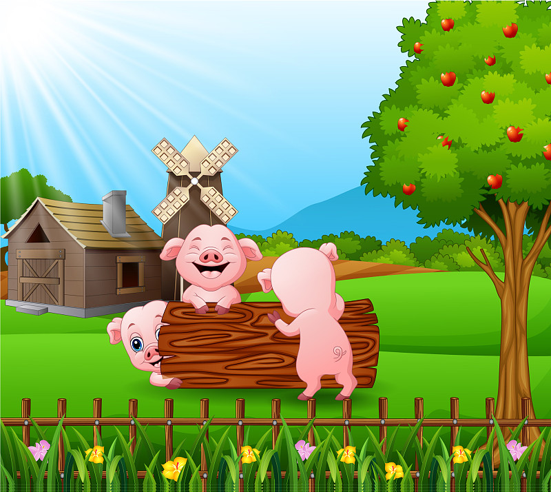 卡通三只小猪在原木里玩得远远的图片