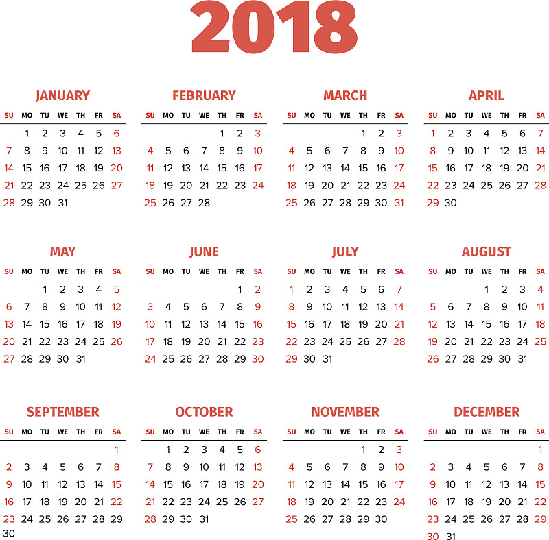 2018年的年历表图片