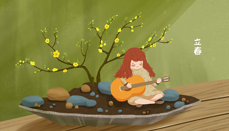 二十四节气立春插画 坐在迎春花盆栽里弹吉他的精灵女孩图片