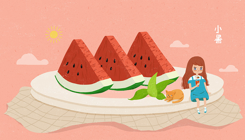二十四节气小暑插画 在西瓜旁边喝西瓜汁的女孩图片