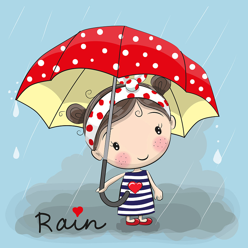 可爱的卡通女孩拿着一把伞