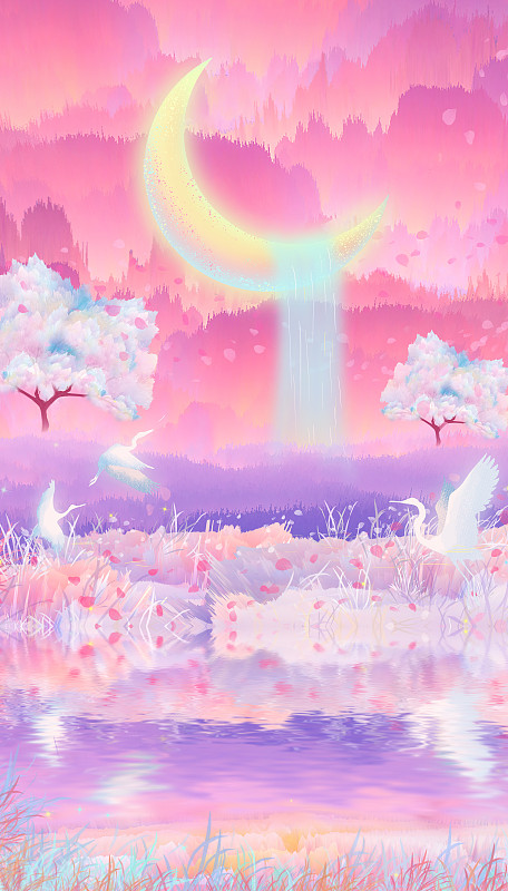 夜晚在粉色的森林里，月亮发出淡淡光彩小鸟飞舞插画背景下载