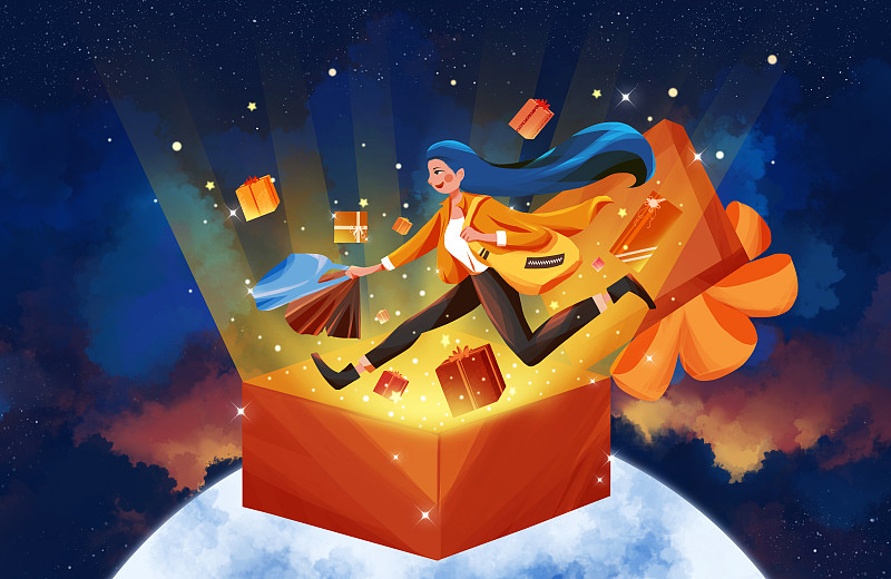 星空背景下发光的礼盒飞出礼物 一个手提购物袋奔跑的人插画下载
