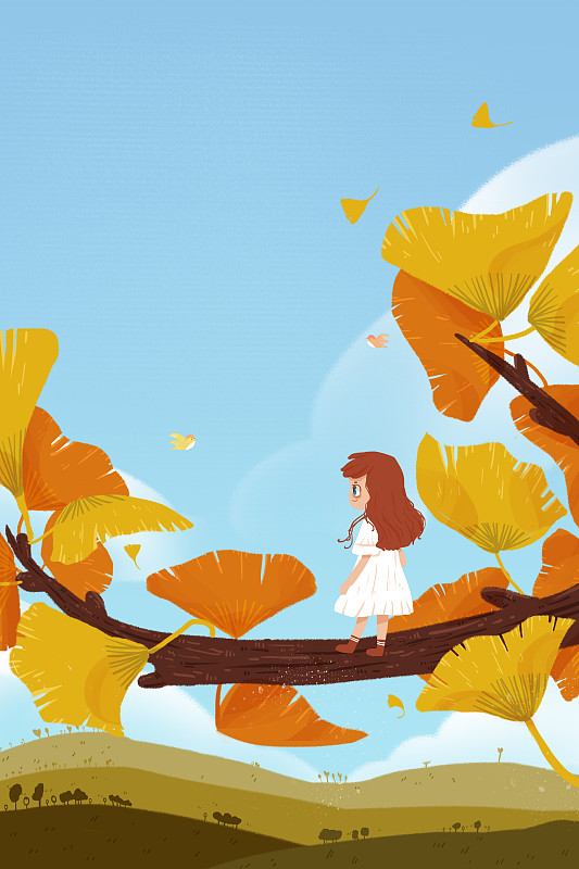 银杏树上眺望远方的精灵女孩 二十四节气秋分插画下载