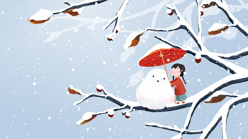 冬季下雪天给白色山雀撑伞的红衣小女孩儿手绘插画横版图片