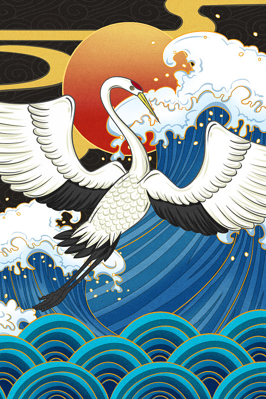 国潮风仙鹤在海面上飞翔插画下载