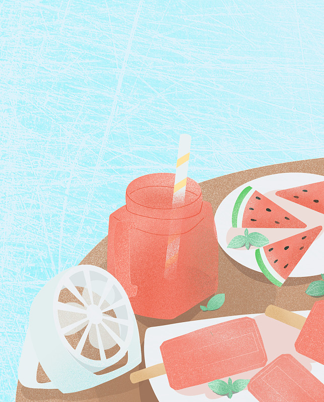 吃西瓜、喝冰镇饮料、吹风扇的夏日图片素材