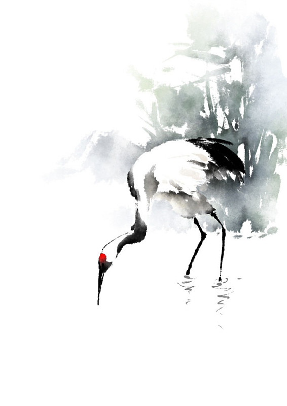 水墨画风格的鹤插图图片下载