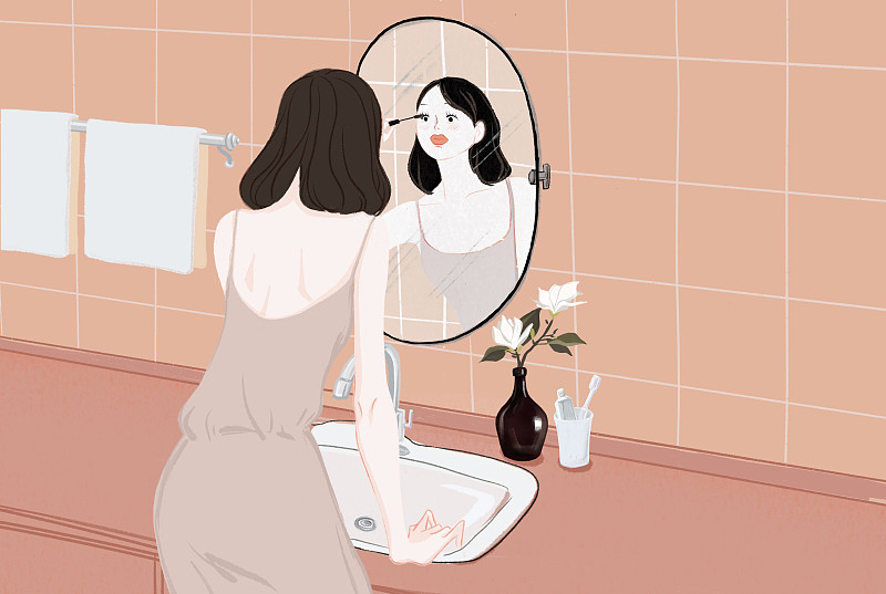 在洗手台前化妆的女人手绘插图图片下载