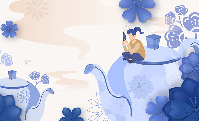 卡通青花瓷蓝白中国风茶道茶叶包装背景扁平矢量插画下载