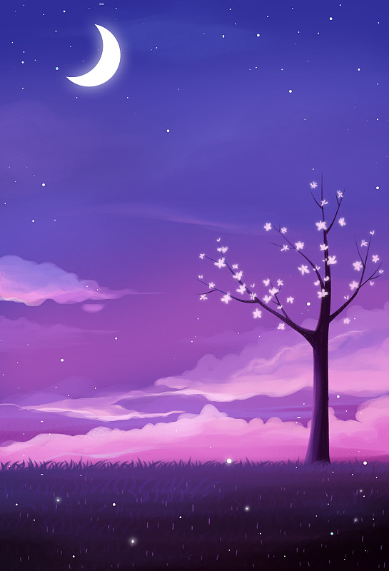 唯美插画紫色夜空中的星星和草地下载