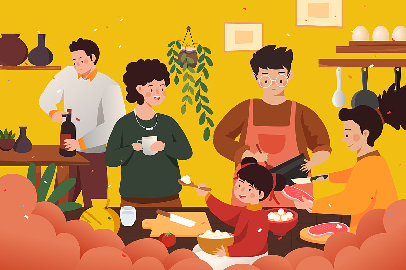 新年春节年夜饭团圆饭家庭聚餐活动扁平矢量插画图片