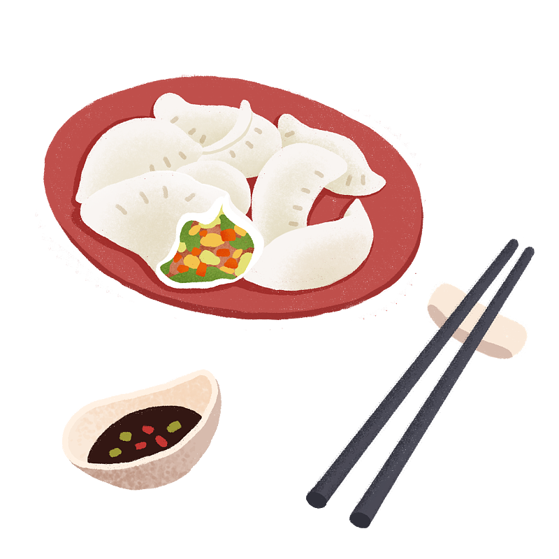 一盘饺子酱料筷子扁平风图片下载