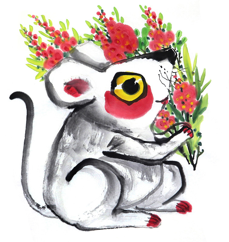 中国画水墨插画动物-抱着画的老鼠下载