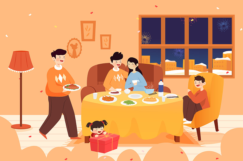 2020新年春节家人吃年夜饭团圆中国风背景矢量插画下载
