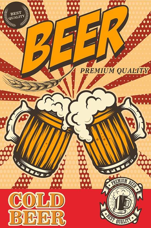 复古风格的啤酒海报。啤酒物体在垃圾背景上。设计元素的卡片，传单，横幅，打印，菜单。图片下载