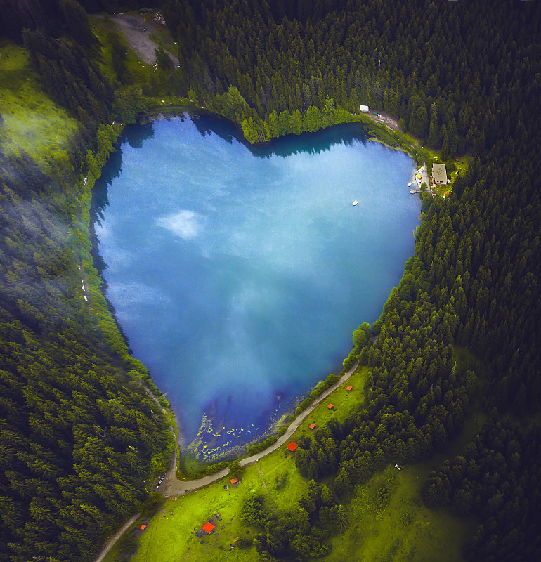 美丽的心形湖泊和森林图片下载