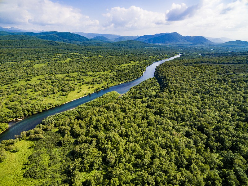 一条河流的鸟瞰图蜿蜒穿过丘陵森林景观，堪察加半岛，俄罗斯图片素材