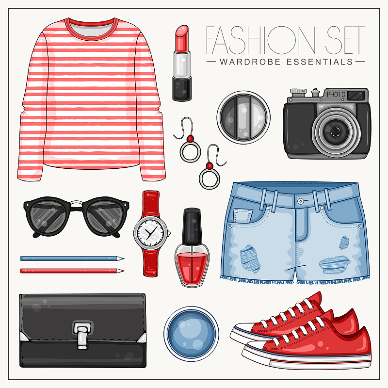 Woman fashion summer clothes, cosmetics and accessories set with striped top, photo camera, sunglasses and jeans shorts图片素材