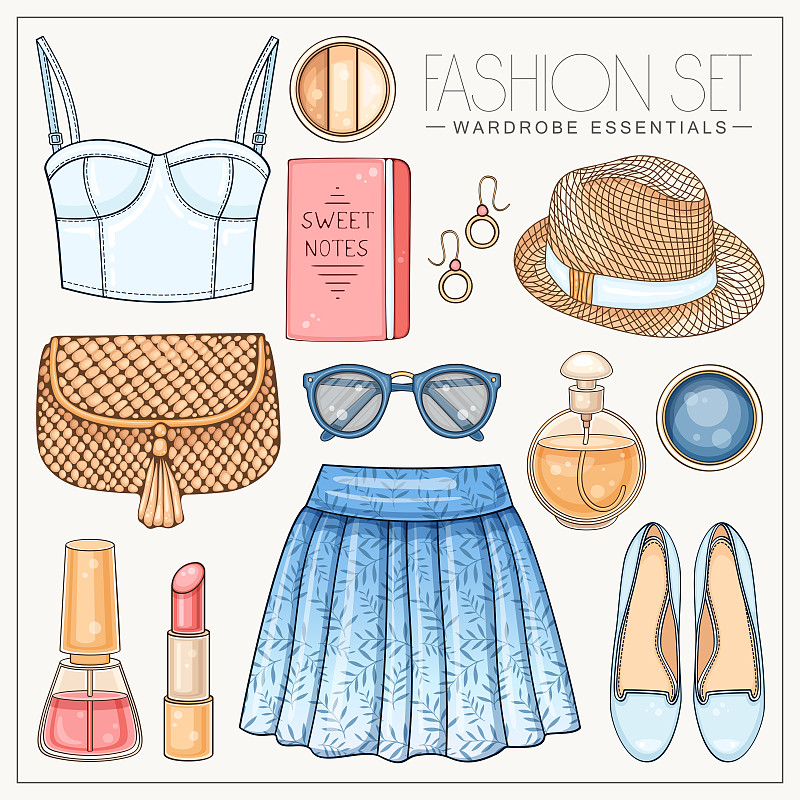 女性时装夏季设置胸衣，手袋，裙子，太阳镜和帽子图片下载