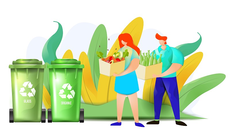 一对男女正在把有机和玻璃废料扔进回收箱。图片下载