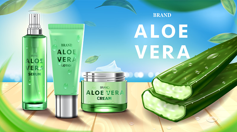 豪华化妆品瓶包装护肤霜，美容化妆品海报，与芦荟和木地板在海滩的背景图片素材
