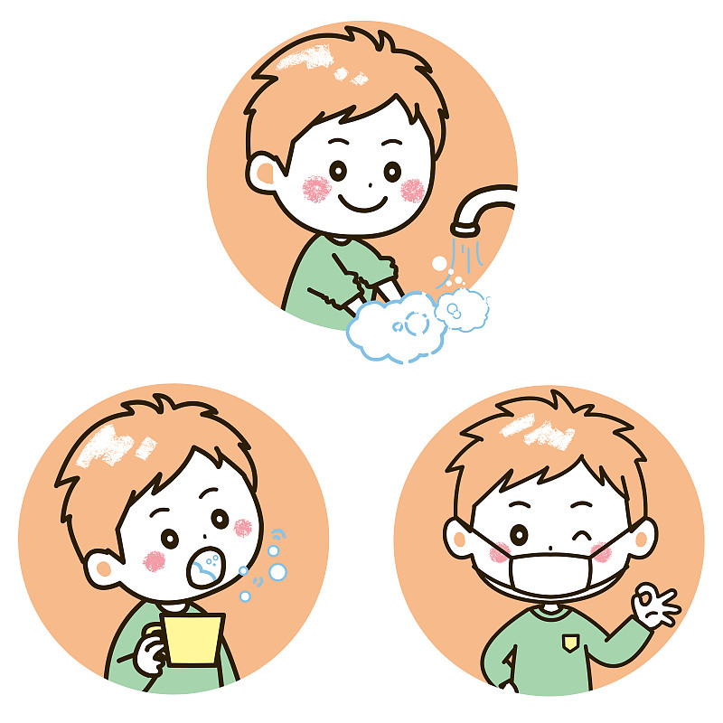 插图，一个男孩漱口和洗手，并附上一个面具图片下载