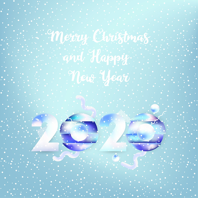 圣诞快乐和2020年新年快乐邀请3d几何形状，彩色抽象设计的2020年新年贺卡图片素材