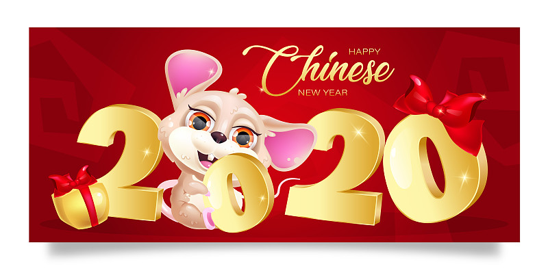 春节快乐横幅卡通模板。生肖象征2020年，金字。有趣的鼠标正水平海报布局。贺卡模板与可爱的动物。打印说明图片下载