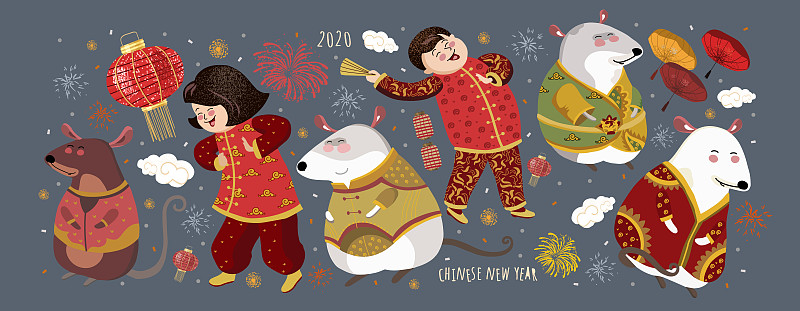 春节快乐!2020年是鼠年。矢量可爱插画亚洲老鼠，韩国人，灯笼和烟花的节日。用于卡片、背景或海报的孤立对象。图片