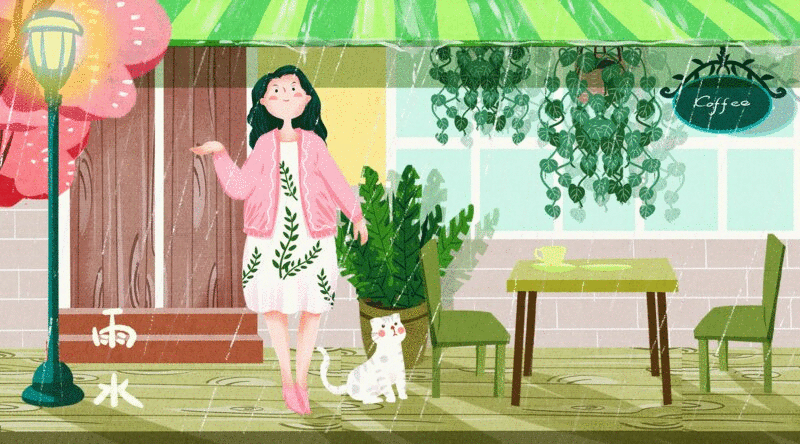 猫与女孩生活二十四节气之雨水插画动图图片下载