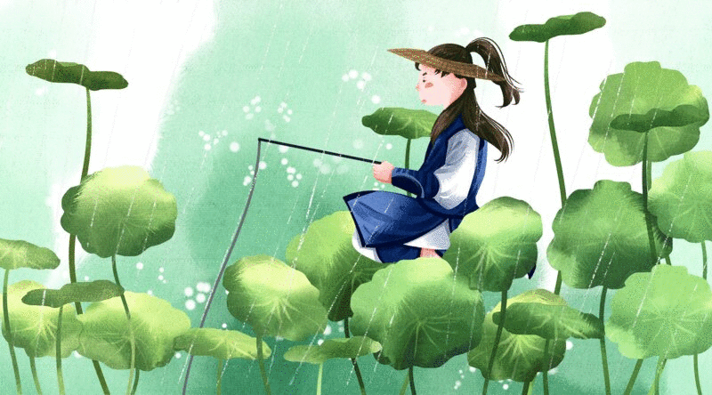 水彩风格古风娃娃与植物二十四节气雨水插画动图图片下载