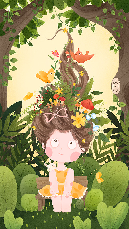春天森林中坐在木椅上的黄裙女孩与给她梳头发的鸟儿蝴蝶幻想插画图片