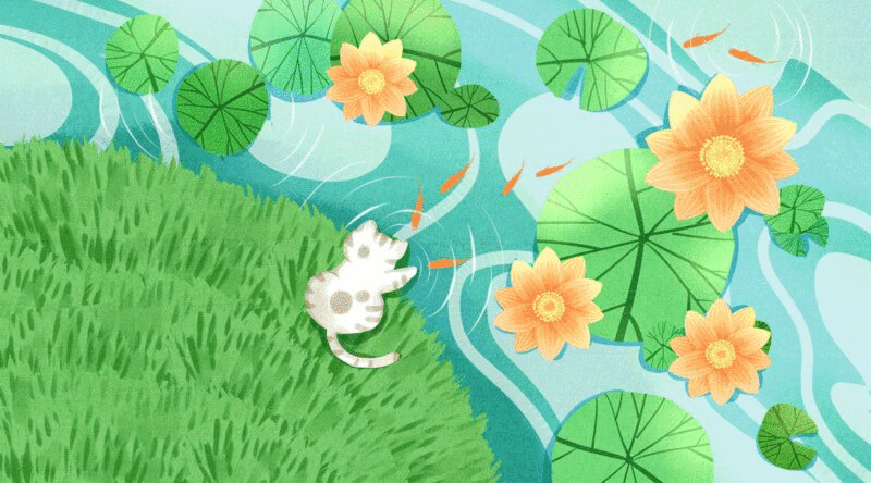 夏天猫在荷塘边玩耍插画GIF动图图片下载