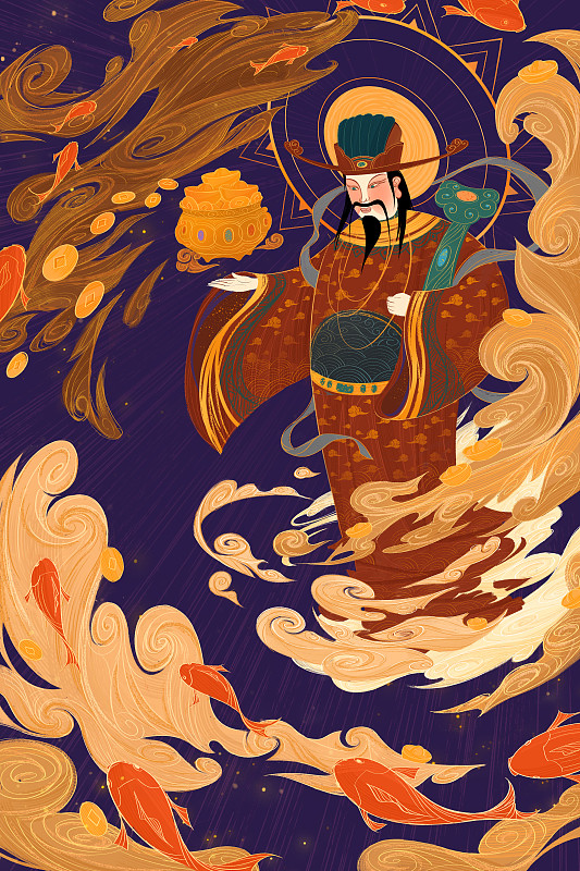 正月初五中国风传统财神插画下载