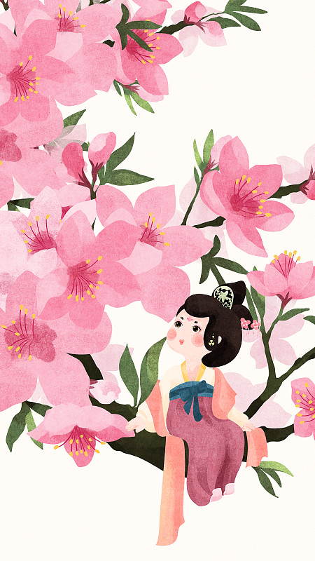 节气春分坐在桃枝上侧看桃花的唐朝美人图片