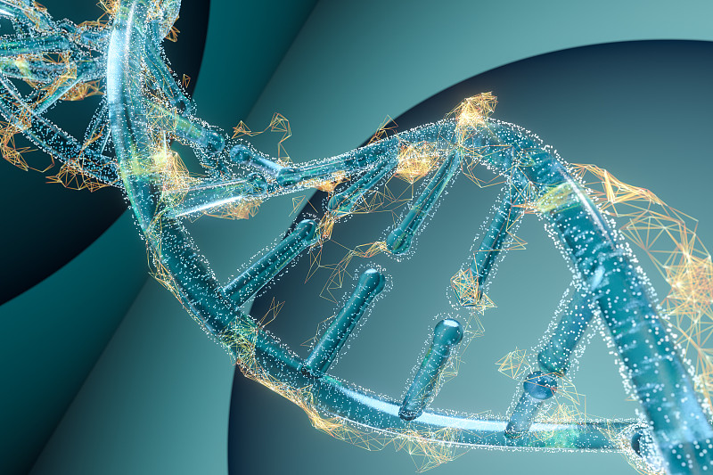 透明DNA与金色发散线条 三维渲染图片下载
