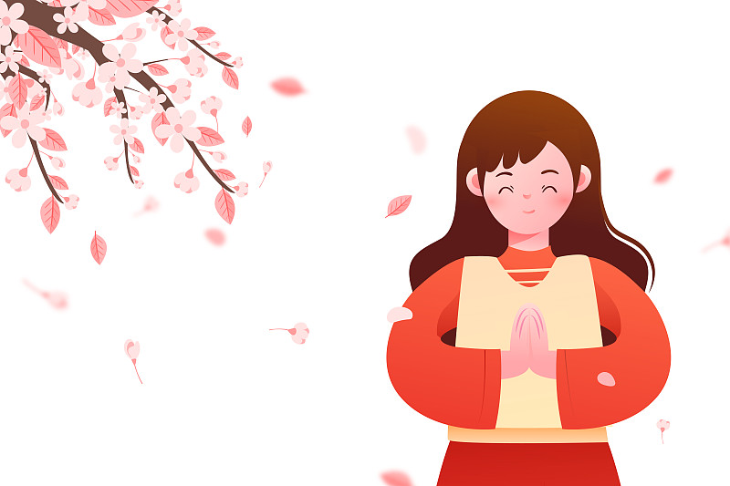 祈祷祈福少女祝福樱花背景矢量插画图片