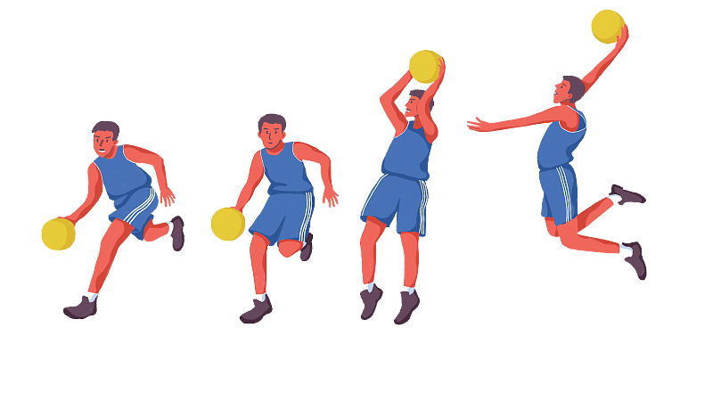 篮球运动中一组连贯运球投篮动作的手绘插画图片