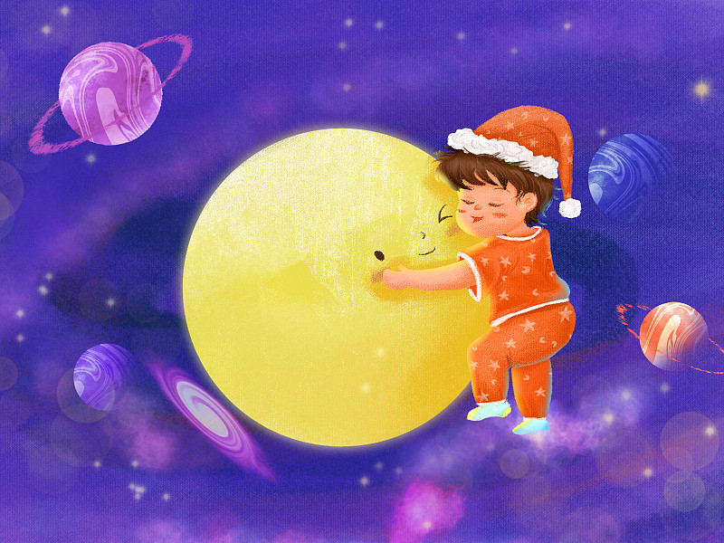 晚安男孩在星球环绕的太空拥抱着发光的月亮图片下载