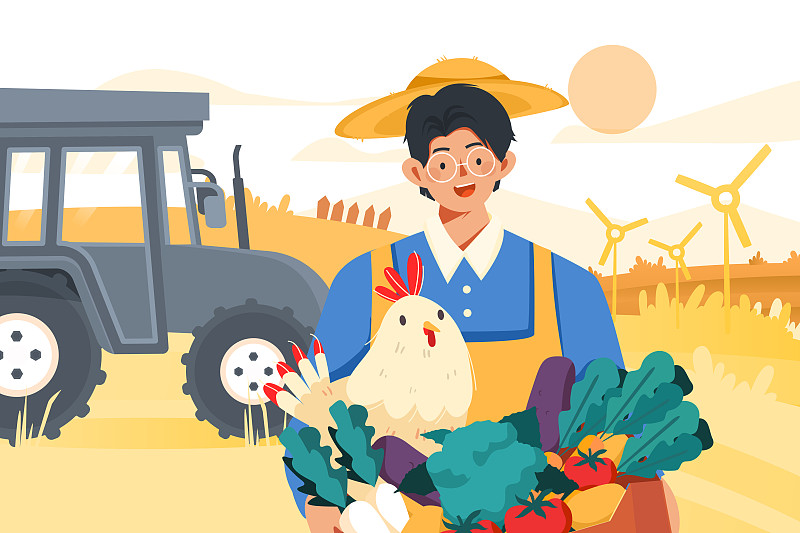 卡通农民工人五一劳动节购物美食鸡肉蔬果篮子农场风景矢量插画下载