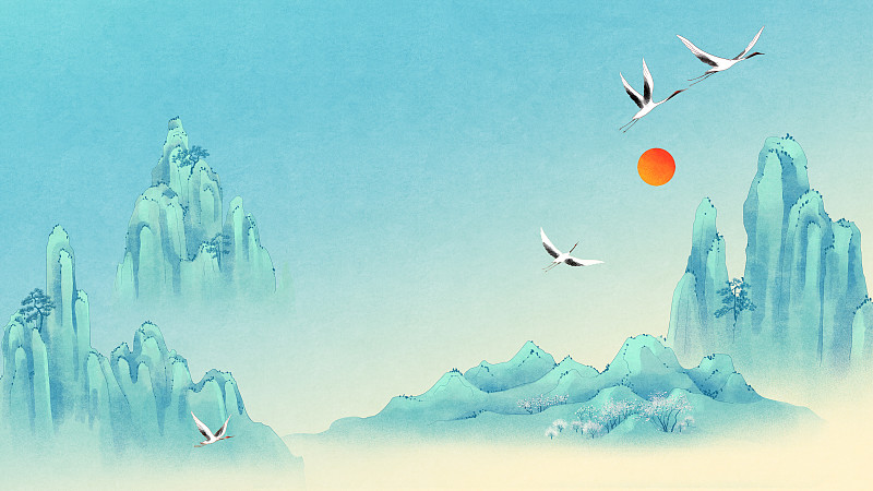 青色山峰间飞舞的白鹤与红日国风插画下载