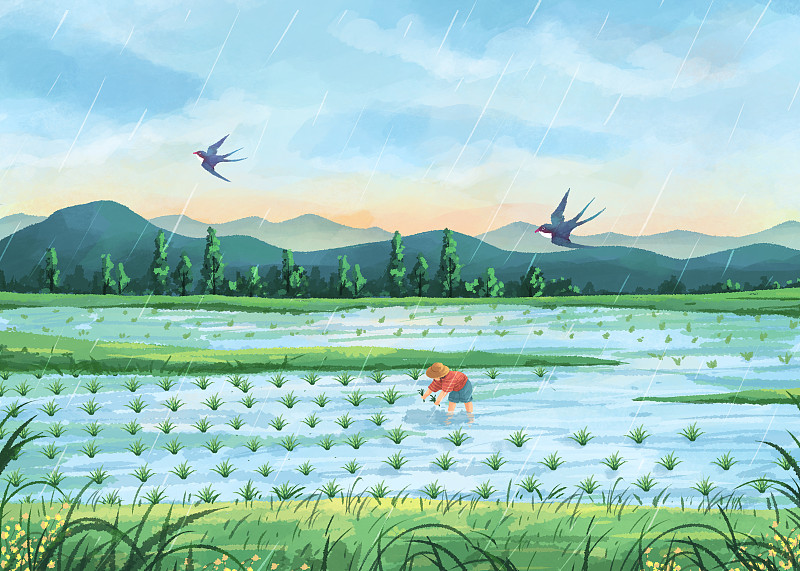 四季的色彩景观节气插画谷雨横版下载