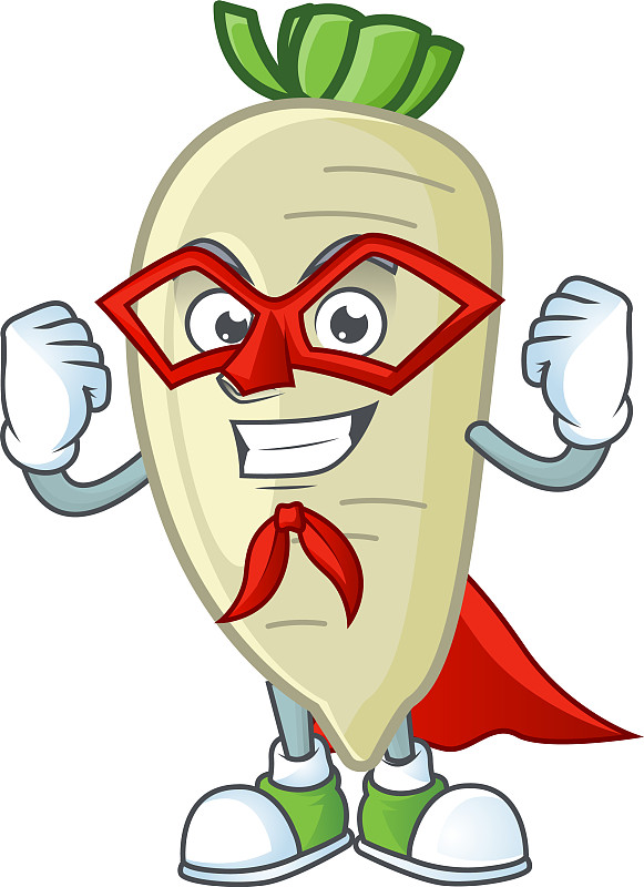 一个穿着超级英雄服装的卡通白萝卜图片