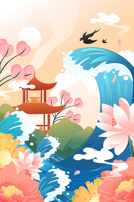 卡通端午节赛龙舟传统习俗中国风风景背景矢量插画下载