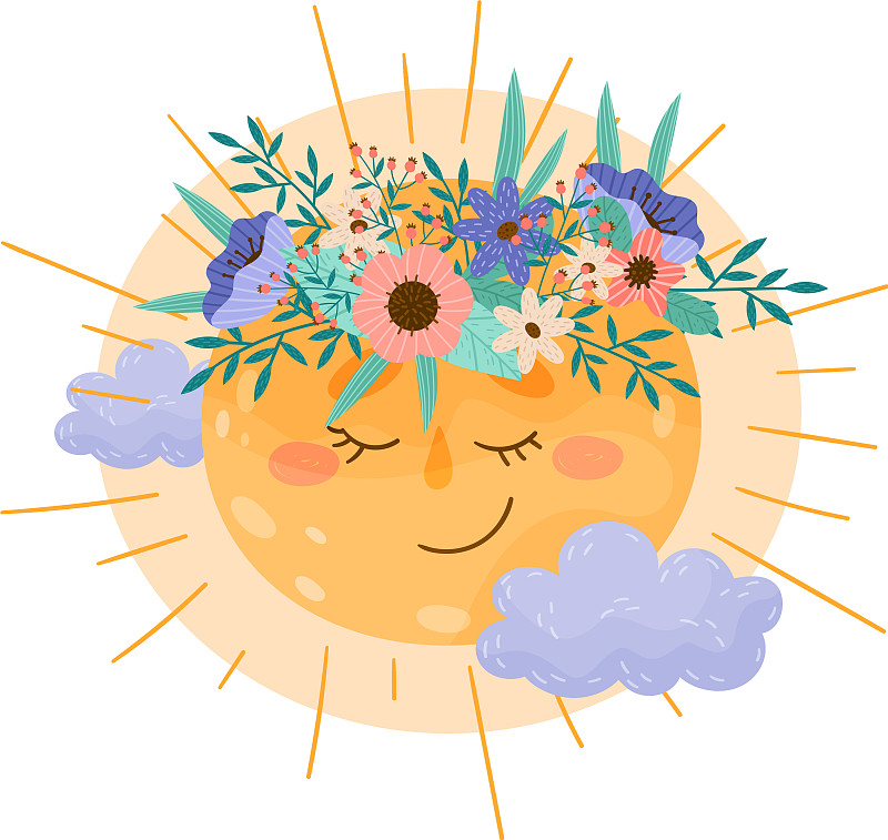 卡通热睡太阳与鲜花花环在他图片